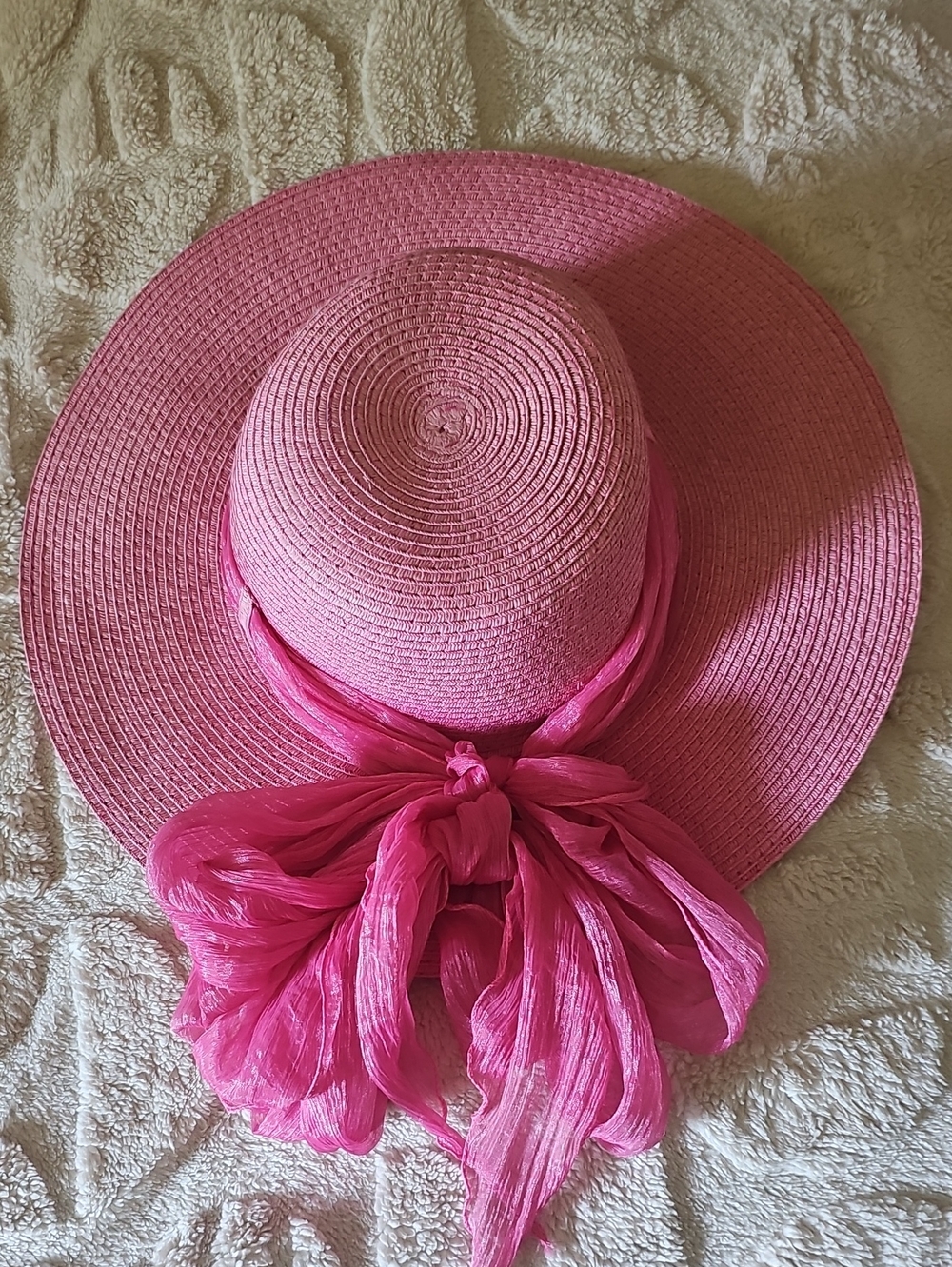 Noelle Hot Pink Wide-Brim Straw Sun Hat with Scarf